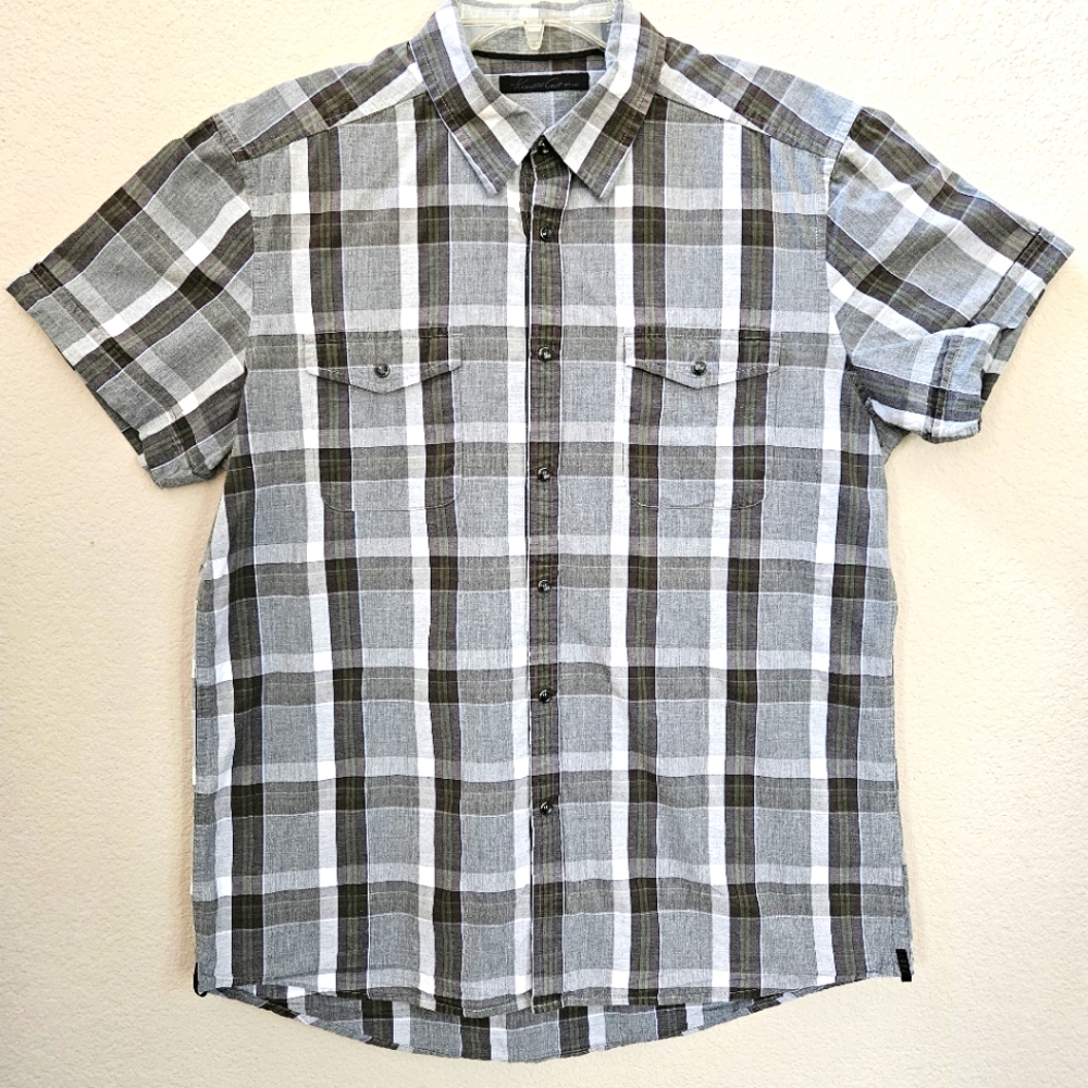 Kenneth Cole Men's Shirt Sz L Brown & Gray Plaid Snap Button Up Short Sleeve EUC